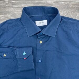 Eton Dress Shirt Mens 17 43 Navy Contemporary Fit Button Up Poplin Cotton Office